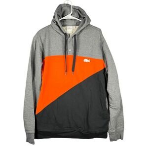 Lacoste Sport Hoodie Mens 7L Grey Orange Colorblock French Terry Sweatshirt XL